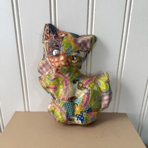 VINTAGE 1979 Cat Figurine Homemade‎ Patchwork Fabric Modpodge Decoupage Signed